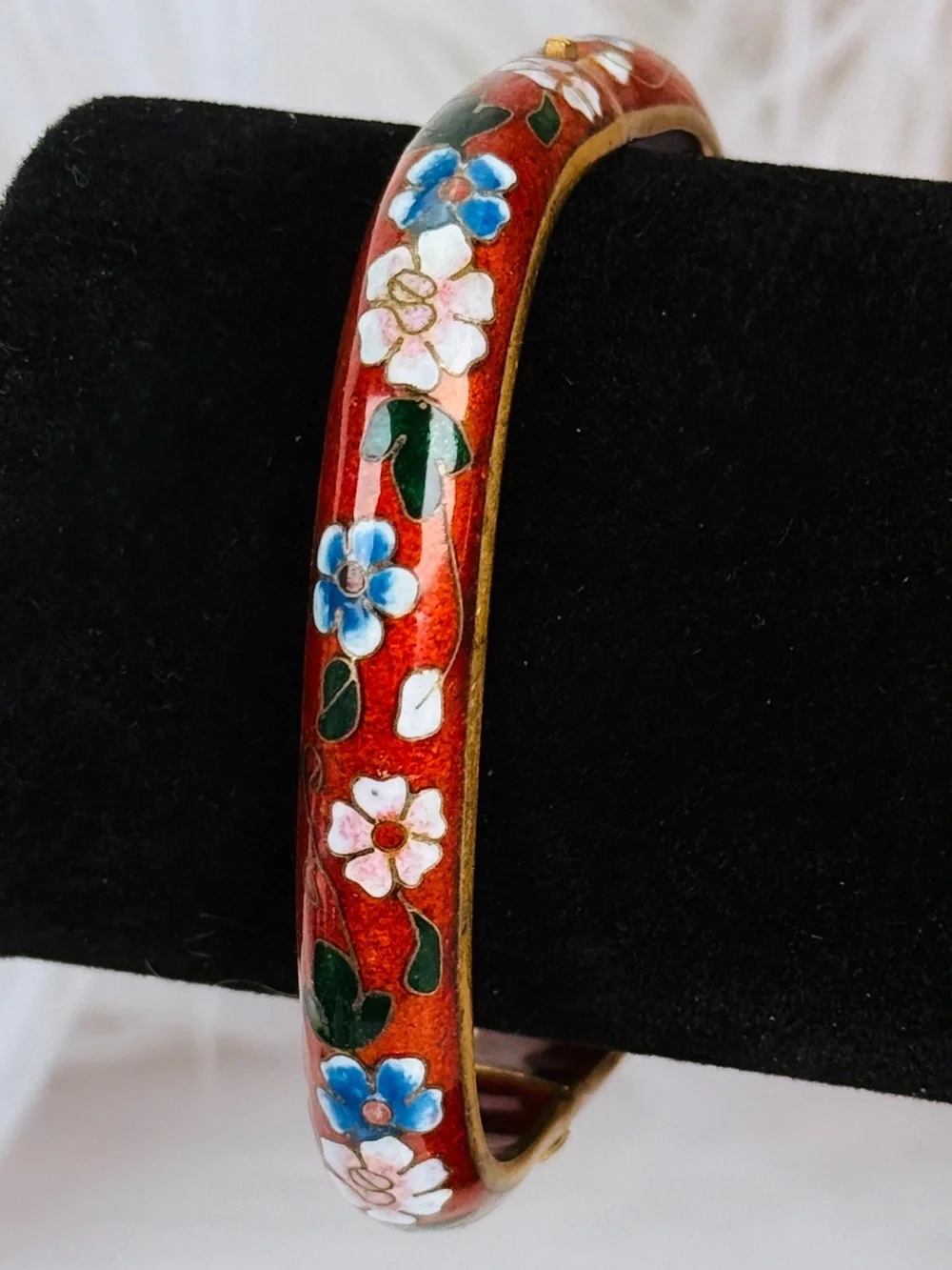 Vintage Goldtone Asian Red Orange Floral Cloisonne Hinged Square Bracelet